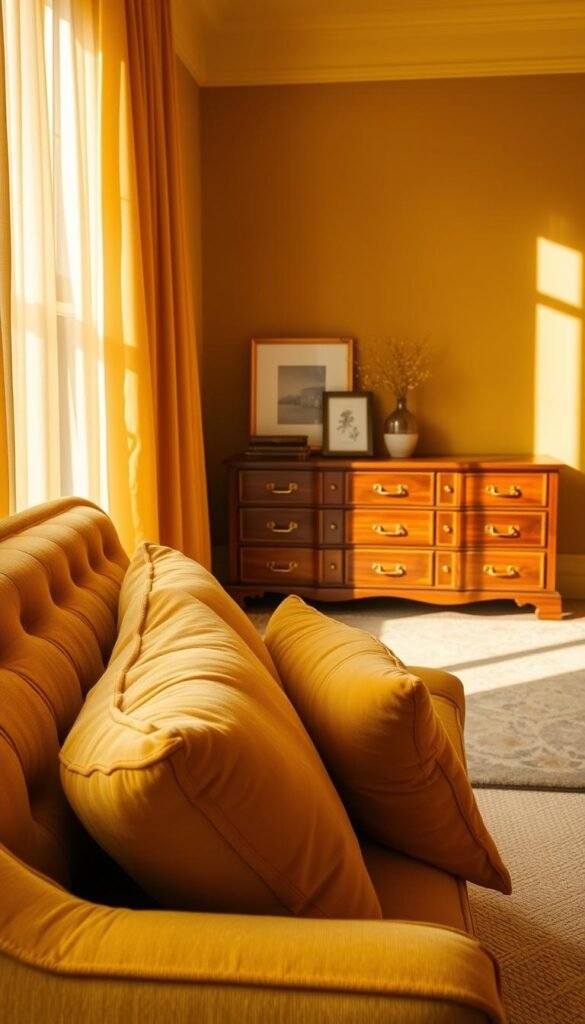 A cozy, mustard yellow bedroom with warm, golden lighting filtering through sheer curtains. Plush textures in the foreground, including a tufted velvet headboard and matching throw pillows, create an inviting and luxurious ambiance. In the middle ground, a wooden dresser with brass hardware reflects the mellow tones, while a large area rug in complementary hues anchors the space. The background features a soothing accent wall in a deeper shade of mustard, enhancing the sense of warmth and comfort. Soft shadows and subtle highlights add depth and dimension, evoking a serene, joyful atmosphere.