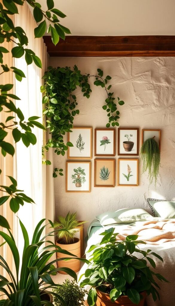 A cozy, natural bedroom wall adorned with lush greenery, sunlight streaming through sheer curtains, casting a warm, inviting glow. In the foreground, an assortment of potted plants, their leaves gently swaying, adding a touch of organic vitality. A mid-ground feature wall showcases a harmonious arrangement of framed botanical prints, their earthy tones complementing the verdant foliage. The background features exposed wooden beams and a textured, light-colored plaster wall, evoking a sense of rustic, yet refined, elegance. The overall atmosphere is one of tranquility and rejuvenation, creating a sanctuary-like ambiance perfect for an article on "Natural Elements for Organic Warmth."
