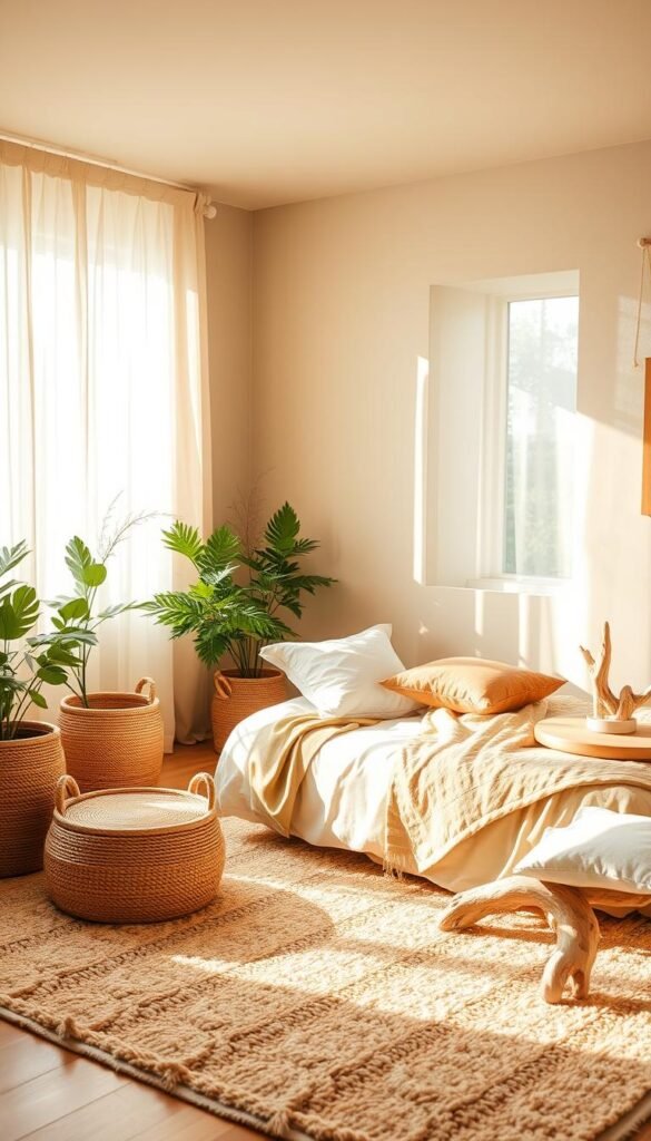 A cozy, nature-inspired bedroom with a calming color palette. Soft, earthy tones of sage green, muted terracotta, and subtle ochre create a serene, grounding atmosphere. Diffused sunlight streams through sheer curtains, casting a warm, golden glow. A plush, textured rug grounds the space, complemented by natural wood furnishings and lush, verdant plants. Minimal, organic decor elements such as woven baskets and driftwood accents reinforce the tranquil, restorative ambiance. The overall composition evokes a sense of calm, comfort, and harmony, inviting the viewer to unwind and find respite.