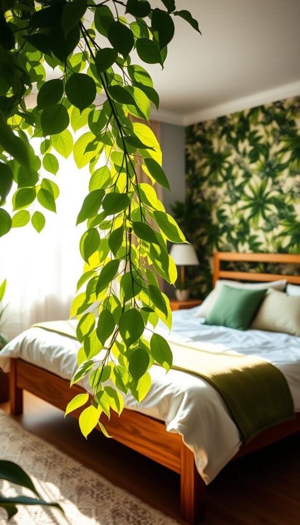 A cozy, nature-inspired green bedroom bathed in soft, warm lighting. The focal point is a large, lush houseplant in the foreground, its vibrant leaves cascading gracefully. The middle ground features a wooden bed frame with crisp, white bedding and accent pillows in various shades of green. The background showcases a wall covered in leafy, botanical wallpaper, creating a serene, outdoor-inspired ambiance. Gentle sunlight filters in through sheer curtains, casting a calming glow throughout the space. The overall atmosphere is one of tranquility and harmony, seamlessly blending the beauty of nature with the comfort of a bedroom.
