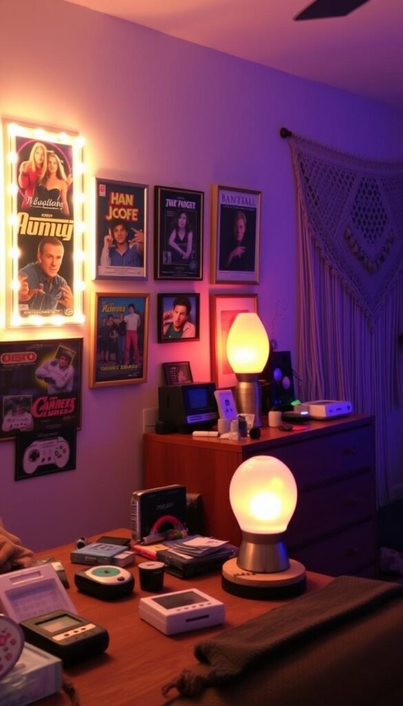 A cozy, nostalgic bedroom scene illuminated by warm, vintage-inspired lighting. The foreground features a cluster of framed pop culture posters - iconic movie characters, retro game consoles, and vintage band memorabilia - artfully arranged on the wall. In the middle ground, a wooden dresser displays a selection of playful accessories: a lava lamp, a Tamagotchi, a cassette player, and other Y2K trinkets. The background showcases a tapestry or macrame wall hanging, adding a touch of bohemian flair to the space. The overall atmosphere evokes a sense of 90s/early 2000s nostalgia and personal expression through pop culture decor.