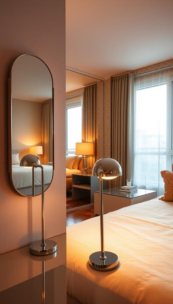 A cozy one-bedroom apartment bathed in warm, soft lighting. In the foreground, a strategically placed wall mirror reflects the room, creating an illusion of depth and space. Sleek, chrome-framed table lamps with mirrored bases dot the scene, casting a gentle glow. In the middle ground, a large, floor-to-ceiling mirror along one wall multiplies the sense of openness, while reflecting the natural light streaming in from large windows. The background features a subtly metallic, textured wallpaper that accentuates the reflective elements, tying the scene together in a harmonious, visually expansive whole. A cozy one-bedroom apartment bathed in warm, soft lighting. In the foreground, a strategically placed wall mirror reflects the room, creating an illusion of depth and space. Sleek, chrome-framed table lamps with mirrored bases dot the scene, casting a gentle glow. In the middle ground, a large, floor-to-ceiling mirror along one wall multiplies the sense of openness, while reflecting the natural light streaming in from large windows. The background features a subtly metallic, textured wallpaper that accentuates the reflective elements, tying the scene together in a harmonious, visually expansive whole.