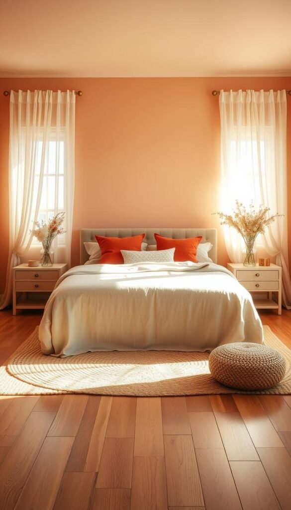 A cozy peach-pink bedroom bathed in warm, natural light. The walls are painted in a soft, muted peach hue, creating a soothing and serene ambiance. The hardwood floor is covered with a woven jute rug, adding texture and warmth underfoot. A plush, linen-upholstered bed is the centerpiece, adorned with pillows in complementary tones of coral and terracotta. On the nightstands, decorative vases hold fresh wildflowers, filling the space with a natural, organic aroma. Billowing sheer curtains frame the windows, allowing the sunlight to filter in and cast a gentle glow throughout the room. Overall, the space exudes a sense of calming, earthy elegance.