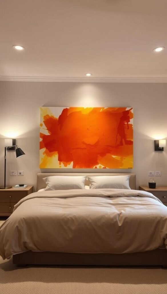 A cozy, personalized bedroom with a large, well-lit wall featuring a vibrant abstract painting in warm hues of orange, red, and yellow. The painting has a playful, expressive brushwork that draws the eye and adds a sense of dynamism to the space. The bedroom is furnished with a plush, neutral-toned bed and matching nightstands, creating a harmonious, calming atmosphere. Soft, indirect lighting from a floor lamp and wall sconces casts a gentle glow, highlighting the texture of the painting and the overall ambiance of the room. The painting is the focal point, reflecting the owner's unique personality and style, and elevating the overall aesthetic of the primary bedroom. A cozy, personalized bedroom with a large, well-lit wall featuring a vibrant abstract painting in warm hues of orange, red, and yellow. The painting has a playful, expressive brushwork that draws the eye and adds a sense of dynamism to the space. The bedroom is furnished with a plush, neutral-toned bed and matching nightstands, creating a harmonious, calming atmosphere. Soft, indirect lighting from a floor lamp and wall sconces casts a gentle glow, highlighting the texture of the painting and the overall ambiance of the room. The painting is the focal point, reflecting the owner's unique personality and style, and elevating the overall aesthetic of the primary bedroom.
