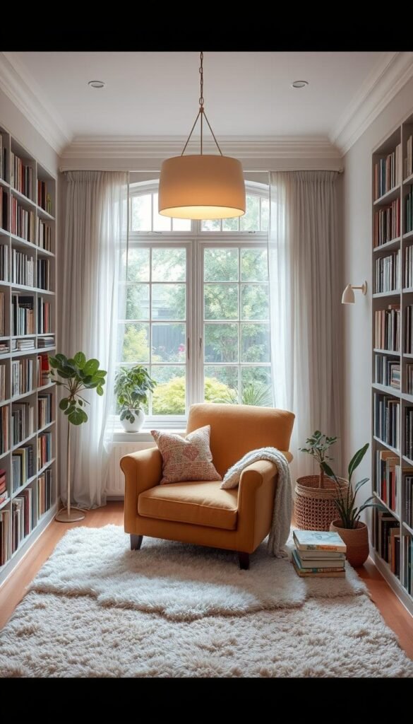 A cozy reading nook nestled in a bright, airy bedroom. Plush armchair upholstered in a warm, neutral tone sits atop a lush, textured rug. Overhead, a statement pendant light casts a soft, ambient glow. Floor-to-ceiling bookshelves line the walls, filled with a curated collection of titles. A large window with a deep sill provides ample natural light and a serene garden view. Delicate, flowing curtains frame the scene, adding a touch of softness. Throw pillows and a knitted blanket invite coziness, while potted plants and personal decor elements add inviting warmth. The overall atmosphere is one of comfort, relaxation, and intellectual stimulation. A cozy reading nook nestled in a bright, airy bedroom. Plush armchair upholstered in a warm, neutral tone sits atop a lush, textured rug. Overhead, a statement pendant light casts a soft, ambient glow. Floor-to-ceiling bookshelves line the walls, filled with a curated collection of titles. A large window with a deep sill provides ample natural light and a serene garden view. Delicate, flowing curtains frame the scene, adding a touch of softness. Throw pillows and a knitted blanket invite coziness, while potted plants and personal decor elements add inviting warmth. The overall atmosphere is one of comfort, relaxation, and intellectual stimulation.