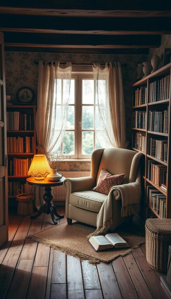 A cozy reading nook nestled in a charming cottage, bathed in warm, soft light filtering through lace-patterned curtains. A plush, overstuffed armchair invites you to sink in, surrounded by bookshelves brimming with vintage volumes. A small side table holds a steaming mug of tea and a well-worn copy of a beloved novel. Delicate floral arrangements and a woven throw blanket add to the serene, feminine ambiance. The weathered wooden floors, exposed beams, and floral wallpaper evoke a timeless, fairytale-like atmosphere, transporting you to a peaceful, secluded haven for quiet contemplation and literary escape.