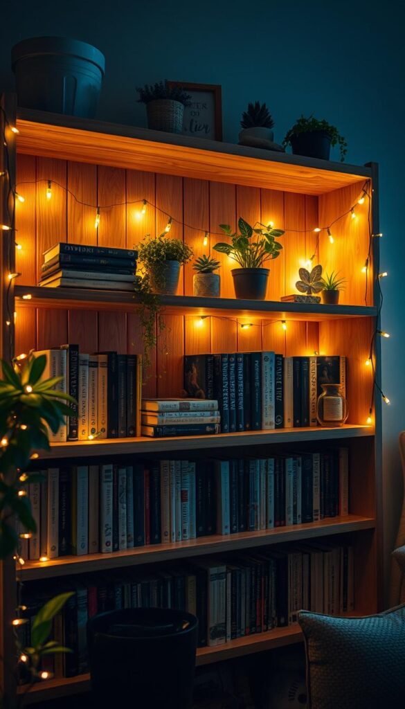 A cozy reading nook with a wooden shelf bathed in the warm glow of fairy lights. The shelf is adorned with books, plants, and other decorative items, creating a inviting and serene atmosphere. The fairy lights cast a soft, magical illumination, casting gentle shadows and highlights across the scene. The angle showcases the depth and layering of the shelf's contents, drawing the viewer's eye through the composition. The overall mood is one of coziness, comfort, and quiet contemplation, perfectly capturing the essence of a cozy reading space.
