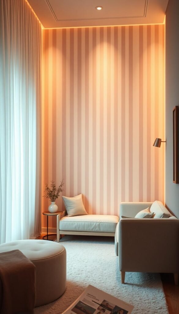 A cozy, refined living space with soft, pastel-colored vertical stripes adorning the walls. The stripes create a sense of depth and dimension, gently receding into the background. The lighting is warm and diffused, casting a soothing, intimate atmosphere. The camera angle is slightly elevated, allowing the viewer to take in the entire scene. A minimalist, yet elegant aesthetic prevails, with clean lines and subtle textures complementing the stripe pattern. This vision of a small, luxurious living room exemplifies sophistication and a tranquil, calming ambiance.