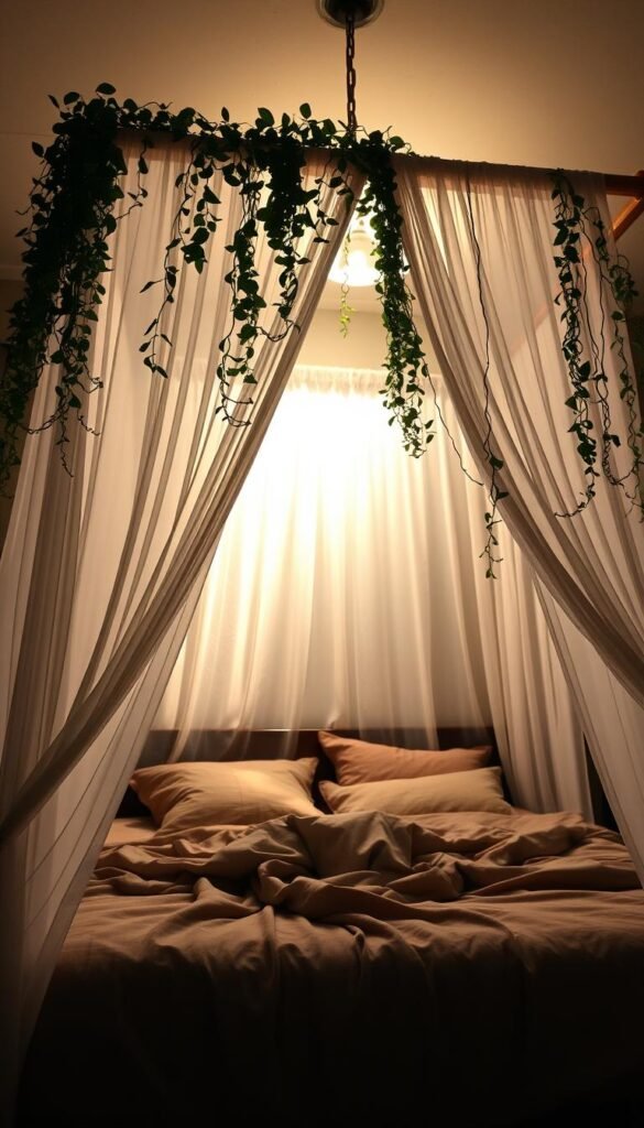 A cozy, romantic canopy bed with sheer, flowing curtains draped gracefully around the frame. Soft, diffused lighting filters through the delicate fabric, casting a warm, dreamy glow throughout the intimate space. The bed is dressed in luxurious, plush bedding in muted, earthy tones, inviting a sense of comfort and relaxation. Lush, trailing greenery cascades from overhead, adding a natural, ethereal element to the scene. The camera angle captures the bed from a low, angle, emphasizing the enveloping, cocoon-like quality of the canopy. The overall mood is one of tranquility, sensuality, and a touch of whimsy.