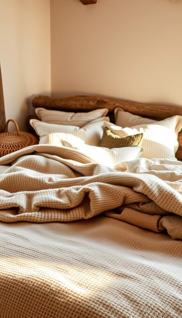 A cozy, rustic bedroom with a plush, textured bedding set in the foreground. Soft, earthy-toned throws and blankets layered atop the bed, creating an inviting and comfortable atmosphere. Natural, woven textures like linen, wool, and cotton complement the overall aesthetic. Warm, directional lighting casts gentle shadows, enhancing the tactile and intimate feel of the scene. The middle ground features additional accent pieces like decorative pillows and a chunky knitted pouf, while the background hints at the room's rustic decor with exposed wooden beams and neutral-toned walls.