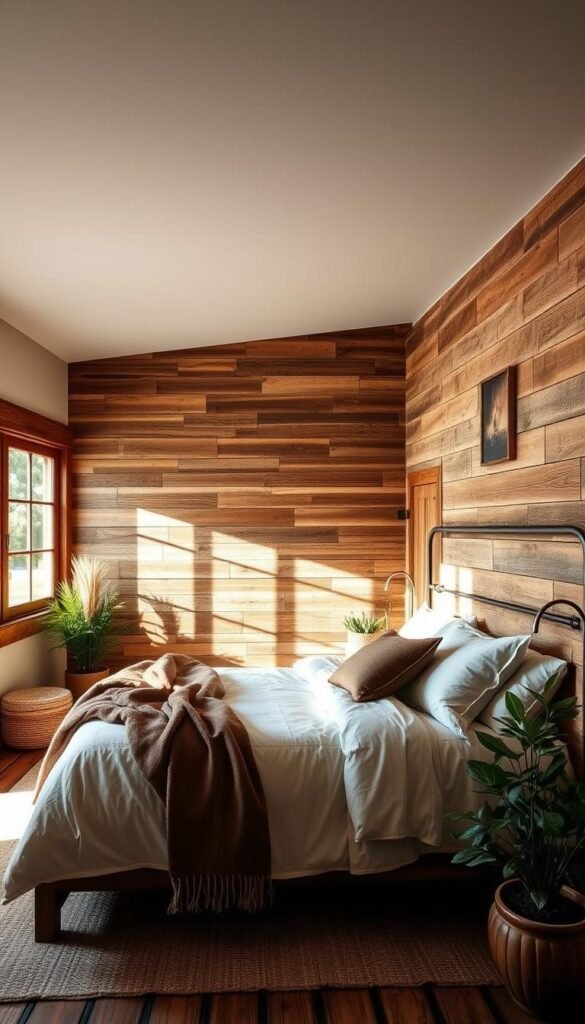 A cozy, rustic bedroom with a stunning reclaimed wood accent wall. The wood planks have a weathered, distressed appearance, adding warmth and character to the space. Soft, natural lighting filters through large windows, casting a gentle glow on the textured surface. The wall spans the entire length of the room, creating a focal point that draws the eye. Lush, earthy-toned textiles and natural elements, such as potted plants, complement the rustic aesthetic. The overall atmosphere is one of tranquility and a touch of farmhouse-inspired charm.