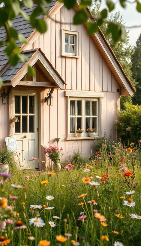A cozy, rustic cottage nestled in a lush, verdant meadow. Soft, muted tones of sage, lavender, and peach create a soothing, nature-inspired color palette. Gentle sunlight filters through the cottage's leaded windows, casting a warm glow on the weathered wood beams and delicate floral accents. In the foreground, a garden overflows with vibrant wildflowers, their petals swaying in the gentle breeze. The scene exudes a sense of tranquility and harmony, transporting the viewer to a serene, fairytale-like world.