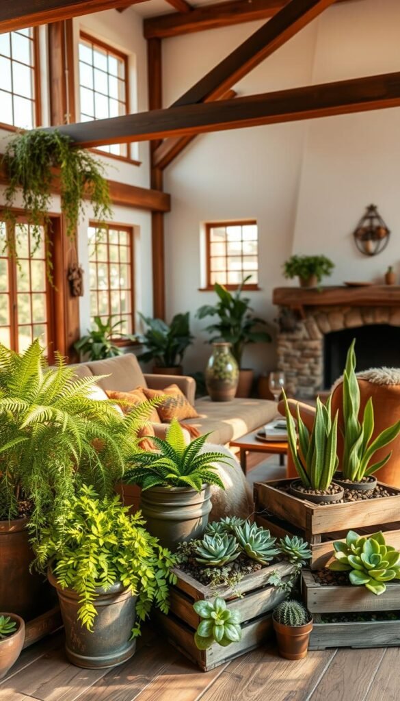 A cozy, rustic living room, bathed in warm, natural lighting from large windows. In the foreground, a collection of thriving indoor plants - lush ferns, trailing vines, and sculptural succulents - arranged artfully in a mix of vintage planters and rustic wooden crates. The middle ground features a plush, earthy-toned sofa and armchair, complemented by a reclaimed wood coffee table. In the background, exposed beams, whitewashed walls, and a stone fireplace create an inviting, nature-inspired ambiance, blending comfort and elegance.
