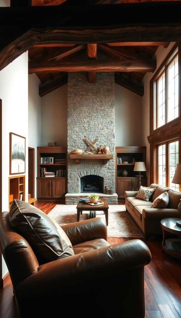 A cozy rustic living room with a warm, inviting atmosphere. In the foreground, a comfortable leather armchair nestled in a charming alcove, inviting relaxation. Overhead, a rustic wooden beam frames the space, casting soft shadows. In the middle ground, a plush area rug defines a central seating zone, flanked by built-in bookshelves brimming with character. The background features large windows that flood the room with natural light, highlighting the textured stone fireplace and exposed wooden beams. The overall mood is one of peaceful tranquility, where form and function seamlessly blend to create a harmonious, inviting environment.