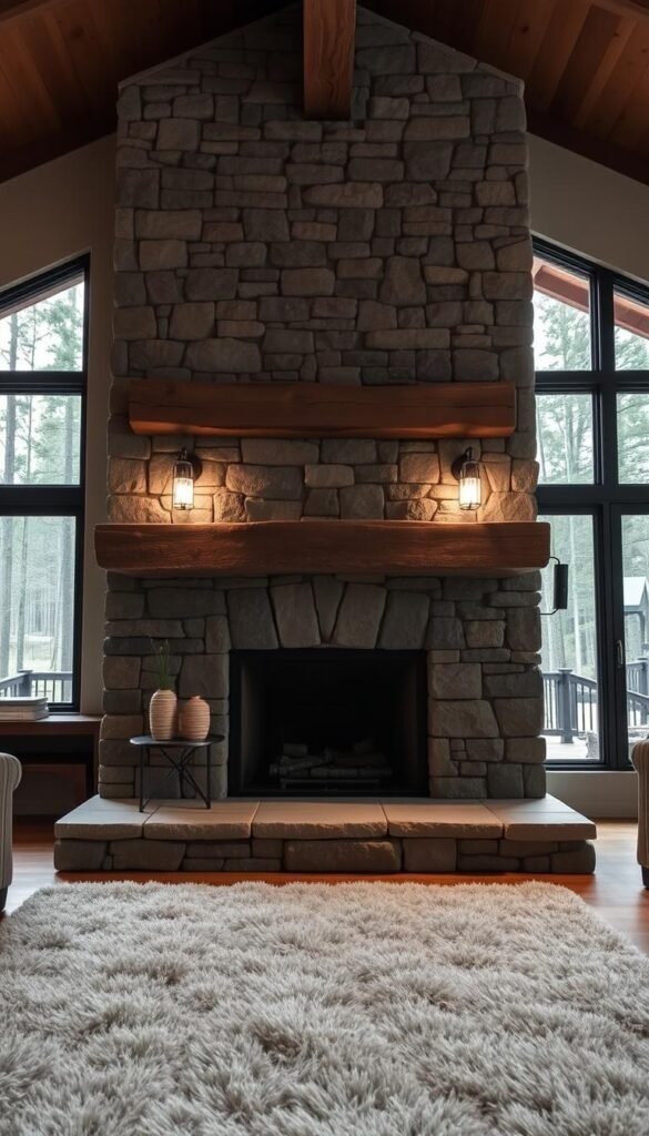 A cozy, rustic stone fireplace stands as the focal point of a warm, inviting living room. Rugged stone blocks in shades of gray and beige create an organic, natural aesthetic, with a rough-hewn mantel above. Soft lighting from a pair of sconces illuminates the fireplace, casting a gentle glow and creating a welcoming ambiance. In the foreground, a plush, neutral-toned rug anchors the space, while in the background, a wooden beam ceiling and large windows overlooking a wooded landscape complete the modern rustic vibe. The overall scene evokes a sense of timeless sophistication and tranquility.
