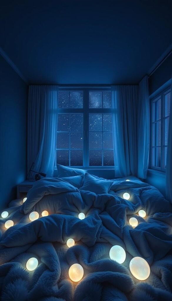 A cozy, shapeshifting bedroom bathed in serene blue tones. The walls gradually shift from deep indigo to soft cerulean, creating an ethereal, almost otherworldly atmosphere. Scattered throughout the room are glowing, iridescent orbs that emit a tranquil, bioluminescent glow, casting a mesmerizing play of light and shadow. The plush, textured bedding and drapes seem to undulate and flow, as if the entire space is alive and breathing. Large windows frame a starry night sky, blurring the boundary between interior and exterior. Soft, diffused lighting emanates from hidden sources, lending a sense of timelessness and serenity. This is a space for contemplation and rejuvenation, where the fluidity of color and form soothe the senses and inspire the imagination.