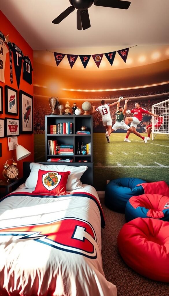 A cozy sports-themed bedroom with vibrant pops of color. In the foreground, a neatly made twin-sized bed with a comforter featuring a bold sports team logo. On the bedside table, a trophy and a vintage alarm clock. Along the walls, framed jerseys, pennants, and autographed sports memorabilia. In the middle ground, a bookshelf displaying trophies, action figures, and sports-themed books. The background showcases a large wall mural depicting a dynamic sports scene, bathed in warm, natural lighting. Plush beanbags and a mini basketball hoop complete the playful, energetic atmosphere. A cozy sports-themed bedroom with vibrant pops of color. In the foreground, a neatly made twin-sized bed with a comforter featuring a bold sports team logo. On the bedside table, a trophy and a vintage alarm clock. Along the walls, framed jerseys, pennants, and autographed sports memorabilia. In the middle ground, a bookshelf displaying trophies, action figures, and sports-themed books. The background showcases a large wall mural depicting a dynamic sports scene, bathed in warm, natural lighting. Plush beanbags and a mini basketball hoop complete the playful, energetic atmosphere.