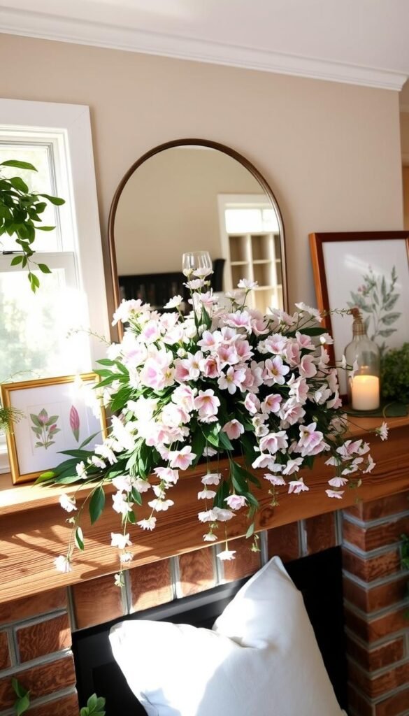 A cozy spring mantel display with a lush floral centerpiece, delicate pastel blooms spilling down the sides, and softly glowing candles creating a warm, inviting ambiance. The mantel is made of rustic wood, complementing the neutral tones of the decor. Sunlight filters in through nearby windows, casting a gentle glow and highlighting the textures. Framed botanical prints and lush greenery flank the display, creating a cohesive and visually-striking focal point for the living room. The overall scene evokes a sense of natural beauty, serenity, and the rejuvenating spirit of the spring season. A cozy spring mantel display with a lush floral centerpiece, delicate pastel blooms spilling down the sides, and softly glowing candles creating a warm, inviting ambiance. The mantel is made of rustic wood, complementing the neutral tones of the decor. Sunlight filters in through nearby windows, casting a gentle glow and highlighting the textures. Framed botanical prints and lush greenery flank the display, creating a cohesive and visually-striking focal point for the living room. The overall scene evokes a sense of natural beauty, serenity, and the rejuvenating spirit of the spring season.