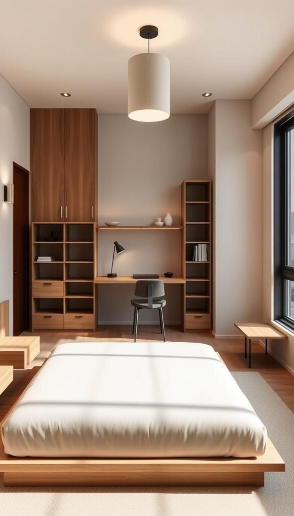 A cozy, streamlined bedroom with minimalist furniture. In the foreground, a low-profile platform bed with a clean-lined headboard and simple nightstands. In the middle, a floating desk and a slim, modular bookshelf that maximizes vertical space. Soft, warm lighting from wall sconces and a sleek, cylindrical pendant illuminates the scene. The overall atmosphere is one of calm and effortless sophistication, with a focus on functionality and space-saving design. The walls feature a soothing, neutral color palette that complements the natural wood tones of the furniture. A large window allows natural light to flood the room, creating a bright and airy feel.