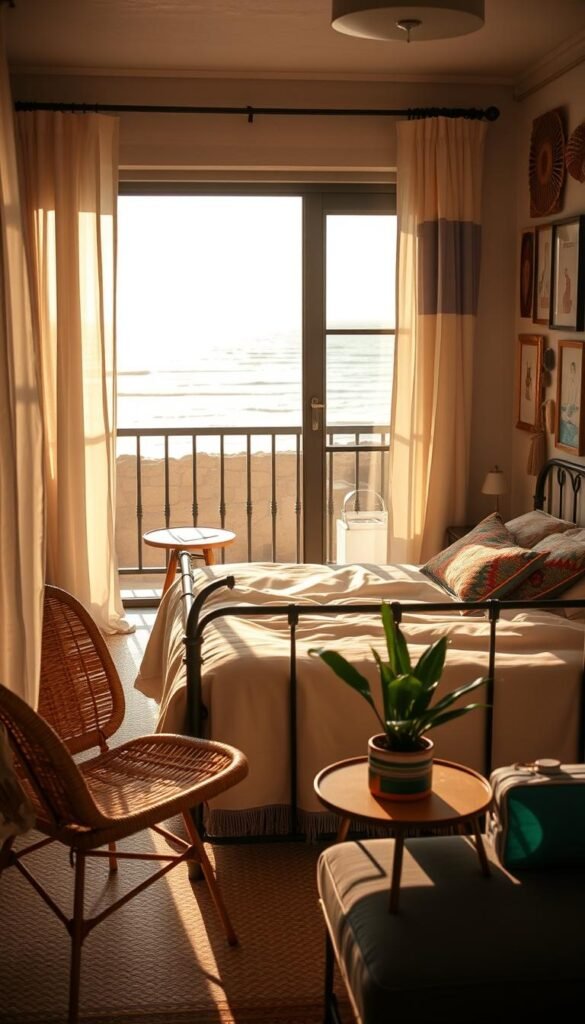 A cozy, sun-dappled boho bedroom inspired by the adventures of Tintin at the beach. A wrought-iron bed frame with white linens and colorful kilim-patterned pillows takes center stage. In the foreground, a rattan chair and side table with a potted plant create a relaxed reading nook. The walls are adorned with vintage-inspired wall hangings, seashells, and framed illustrations evoking the Tintin universe. Warm, indirect lighting filters through sheer curtains, casting a golden glow across the space. In the background, a large window opens to a balcony overlooking a tranquil beach scene, the ocean glistening under a bright, hazy sky. An atmospheric, carefree oasis that transports the viewer to a carefree beachside existence. A cozy, sun-dappled boho bedroom inspired by the adventures of Tintin at the beach. A wrought-iron bed frame with white linens and colorful kilim-patterned pillows takes center stage. In the foreground, a rattan chair and side table with a potted plant create a relaxed reading nook. The walls are adorned with vintage-inspired wall hangings, seashells, and framed illustrations evoking the Tintin universe. Warm, indirect lighting filters through sheer curtains, casting a golden glow across the space. In the background, a large window opens to a balcony overlooking a tranquil beach scene, the ocean glistening under a bright, hazy sky. An atmospheric, carefree oasis that transports the viewer to a carefree beachside existence.