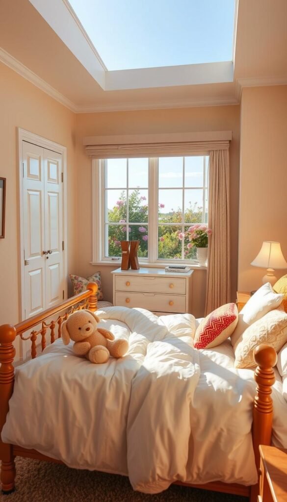 A cozy, sun-drenched bedroom transformation, with soft beige walls, plush carpeting, and a focal point of a charming wooden bed frame adorned with fluffy white bedding. In the foreground, an array of colorful pillows and a playful stuffed animal create a welcoming, whimsical atmosphere. The middle ground features a stylish dresser with delicate floral accents, complemented by a retro-inspired bedside lamp casting a warm glow. Through the window, a lush garden scene with blooming flowers and a clear blue sky adds a serene, outdoor element, drawing the eye towards the harmonious blend of indoor and outdoor elements. A cozy, sun-drenched bedroom transformation, with soft beige walls, plush carpeting, and a focal point of a charming wooden bed frame adorned with fluffy white bedding. In the foreground, an array of colorful pillows and a playful stuffed animal create a welcoming, whimsical atmosphere. The middle ground features a stylish dresser with delicate floral accents, complemented by a retro-inspired bedside lamp casting a warm glow. Through the window, a lush garden scene with blooming flowers and a clear blue sky adds a serene, outdoor element, drawing the eye towards the harmonious blend of indoor and outdoor elements.
