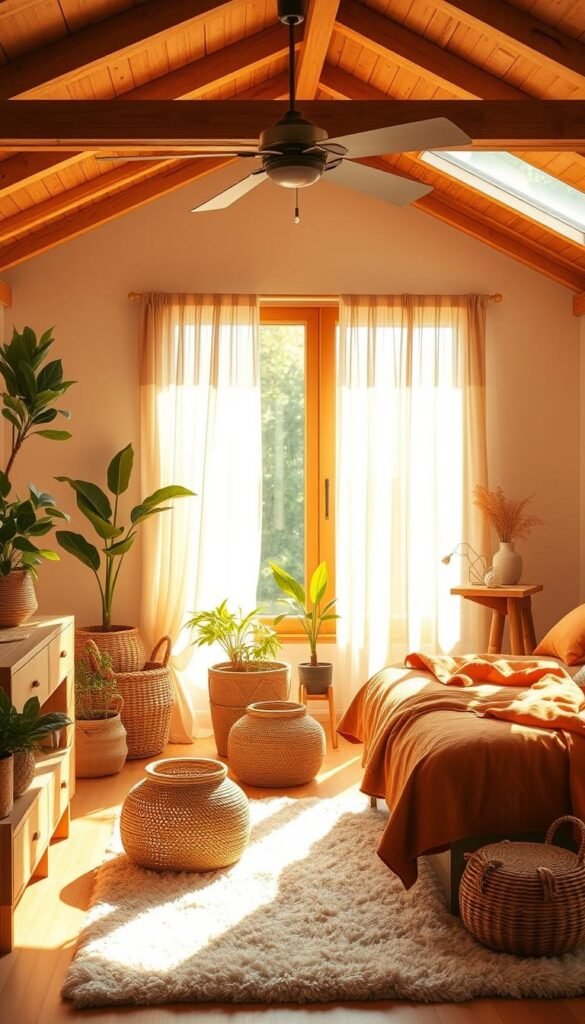 A cozy, sun-drenched bedroom with a plush, earthy color palette. Warm, honey-toned wood furnishings create a welcoming ambiance, complemented by rich, jewel-toned textiles in shades of ochre, terracotta, and russet. Soft, diffused natural light filters through sheer curtains, casting a golden glow throughout the space. Lush, potted plants and natural textures, such as woven baskets and a fluffy area rug, infuse the room with an inviting, organic feel. The overall atmosphere is one of comfort, relaxation, and a sense of hygge.