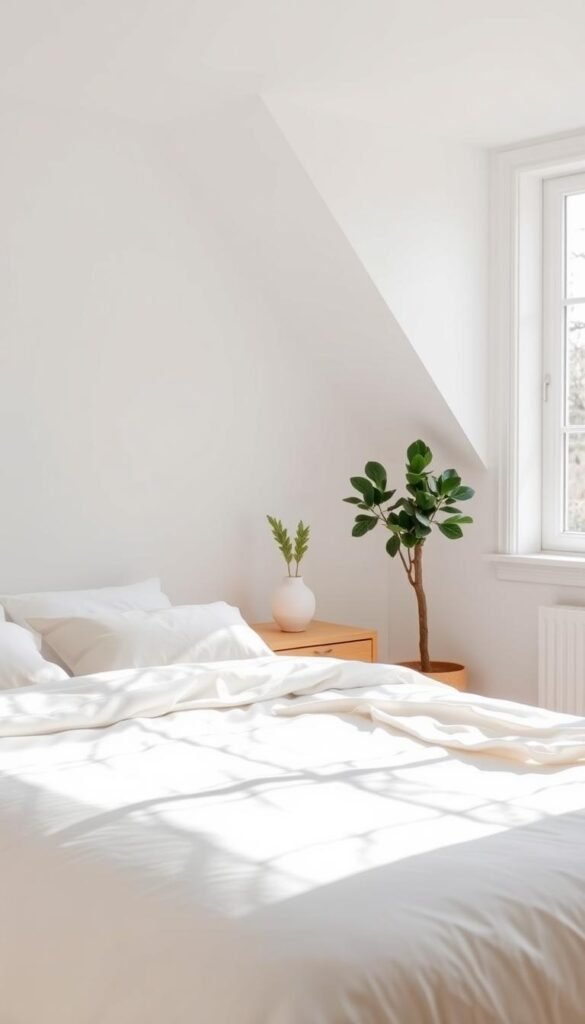 A cozy, sun-drenched bedroom with a serene, minimalist aesthetic. The foreground showcases a simple wood-framed bed dressed in crisp white linens, accented by a soft, neutral-toned duvet and plush pillows. In the middle ground, a minimalist nightstand holds a single potted plant and a simple table lamp, casting a warm, ambient glow. The background features clean white walls and a large window that floods the space with natural light, creating a calming, rejuvenating atmosphere. The overall scene conveys a sense of tranquility and effortless sophistication, perfectly suited for a chic, serene sanctuary.
