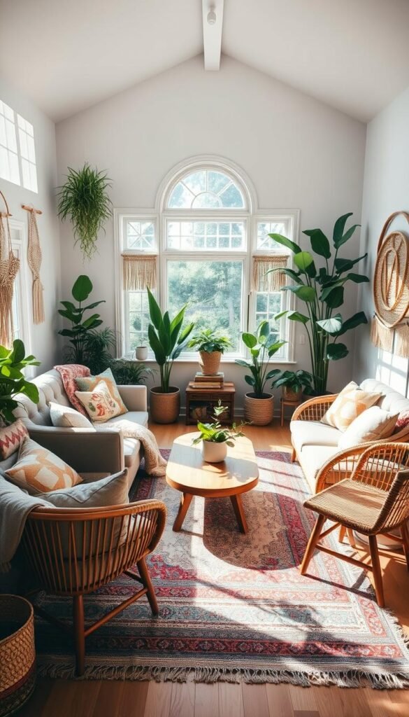 A cozy, sun-drenched boho living room with an inviting, lived-in aesthetic. The mid-century inspired furniture, including a plush, tufted sofa and rattan accent chairs, is arranged in a conversational layout around a low, wooden coffee table. Layered textiles, such as patterned rugs, macrame wall hangings, and colorful throw pillows, add depth and visual interest. Lush potted plants and a large, arched window fill the space with natural light and a sense of tranquility. The overall mood is relaxed and welcoming, showcasing a practical yet stylish boho design aesthetic. A cozy, sun-drenched boho living room with an inviting, lived-in aesthetic. The mid-century inspired furniture, including a plush, tufted sofa and rattan accent chairs, is arranged in a conversational layout around a low, wooden coffee table. Layered textiles, such as patterned rugs, macrame wall hangings, and colorful throw pillows, add depth and visual interest. Lush potted plants and a large, arched window fill the space with natural light and a sense of tranquility. The overall mood is relaxed and welcoming, showcasing a practical yet stylish boho design aesthetic.