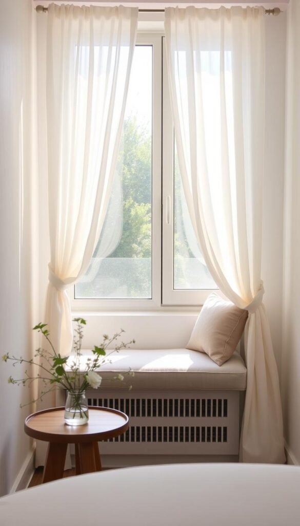 A cozy, sun-drenched interior with a small, well-appointed window. The focal point is a graceful set of sheer white curtains that softly frame the view, diffusing the light and creating a serene atmosphere. In the foreground, a delicate floral arrangement on a sleek wooden side table adds a touch of natural beauty. The middle ground features a minimalist, space-saving window seat upholstered in a neutral tone, inviting relaxation. The background showcases clean, white walls and understated decor, emphasizing the calming, uncluttered ambiance. Crisp, directional lighting accentuates the textures and highlights the elegant simplicity of this small, yet stylish space. A cozy, sun-drenched interior with a small, well-appointed window. The focal point is a graceful set of sheer white curtains that softly frame the view, diffusing the light and creating a serene atmosphere. In the foreground, a delicate floral arrangement on a sleek wooden side table adds a touch of natural beauty. The middle ground features a minimalist, space-saving window seat upholstered in a neutral tone, inviting relaxation. The background showcases clean, white walls and understated decor, emphasizing the calming, uncluttered ambiance. Crisp, directional lighting accentuates the textures and highlights the elegant simplicity of this small, yet stylish space.