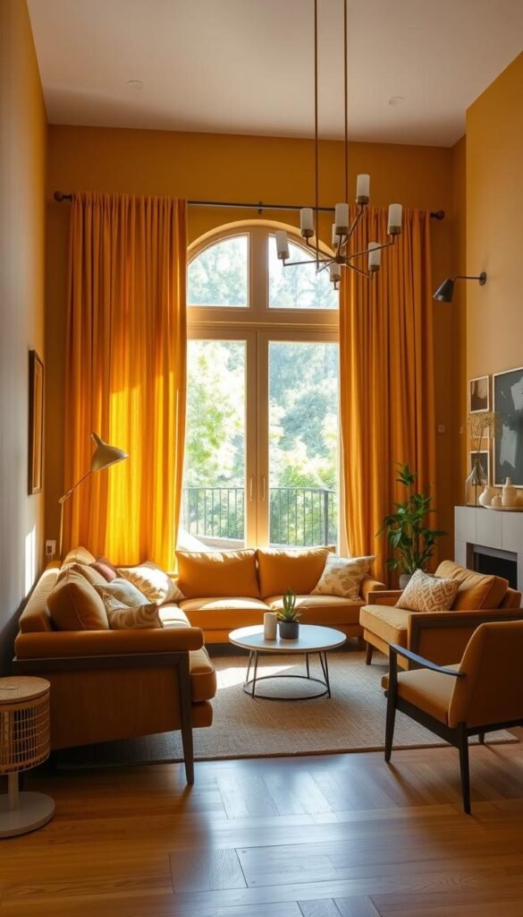 A cozy, sun-drenched living room with warm, inviting tones. Ochre-hued walls create a golden glow, accented by plush mustard yellow velvet sofas and textured ochre curtains that frame a large window overlooking a lush, verdant garden. Wooden floors and mid-century modern furniture in natural tones add depth and texture. Soft, diffused lighting from a sleek brass chandelier casts a gentle, ambient radiance. The space exudes a tranquil, serene atmosphere, evoking a sense of comfort and relaxation. A cozy, sun-drenched living room with warm, inviting tones. Ochre-hued walls create a golden glow, accented by plush mustard yellow velvet sofas and textured ochre curtains that frame a large window overlooking a lush, verdant garden. Wooden floors and mid-century modern furniture in natural tones add depth and texture. Soft, diffused lighting from a sleek brass chandelier casts a gentle, ambient radiance. The space exudes a tranquil, serene atmosphere, evoking a sense of comfort and relaxation.