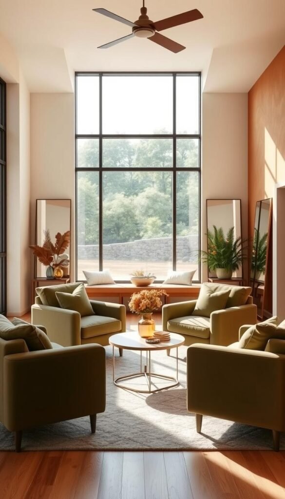 A cozy, sun-drenched modern living room with natural textures and a calming color palette. In the foreground, plush velvet armchairs in soft green hues arrange around a minimalist coffee table. The middle ground features a large, airy window framing an idyllic outdoor view, casting warm, diffused lighting. The background showcases a feature wall in earthy terracotta tones, creating depth and visual interest. Strategically placed mirrors reflect the natural light, enhancing the sense of spaciousness. The overall atmosphere is one of serenity and balance, inviting the viewer to imagine how these color choices could visually expand a small living space.
