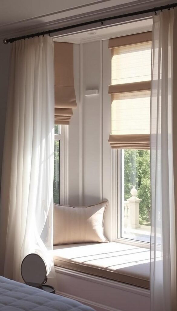 A cozy, sun-lit interior with an array of elegant window treatment solutions for a small space. In the foreground, a large bay window with delicate sheer curtains cascading gracefully, allowing ample natural light to flood the room. In the middle ground, a compact but stylish upholstered window seat with plush cushions, creating a cozy nook for reading or relaxation. The background features a mixture of understated Roman shades and sleek vertical blinds, offering versatile light control and privacy. The overall atmosphere is one of warmth, functionality, and thoughtful design, perfectly suited for the small bedroom showcased in the article.