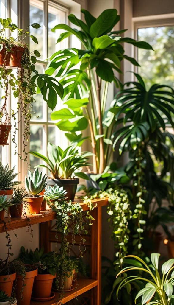 A cozy, sun-lit plant shelf featuring an assortment of lush, thriving greenery. In the foreground, a collection of potted succulents, ferns, and trailing vines cascade elegantly over the edge of the wooden shelves. In the middle ground, taller houseplants like a fiddle-leaf fig and a monstera deliciosa stand tall, their leaves catching the warm, natural light filtering in from large windows. The background is filled with the soft, blurred shapes of additional foliage, creating a serene, nature-inspired atmosphere. The lighting is soft and diffused, casting gentle shadows that add depth and dimension to the carefully curated display. A cozy, sun-lit plant shelf featuring an assortment of lush, thriving greenery. In the foreground, a collection of potted succulents, ferns, and trailing vines cascade elegantly over the edge of the wooden shelves. In the middle ground, taller houseplants like a fiddle-leaf fig and a monstera deliciosa stand tall, their leaves catching the warm, natural light filtering in from large windows. The background is filled with the soft, blurred shapes of additional foliage, creating a serene, nature-inspired atmosphere. The lighting is soft and diffused, casting gentle shadows that add depth and dimension to the carefully curated display.