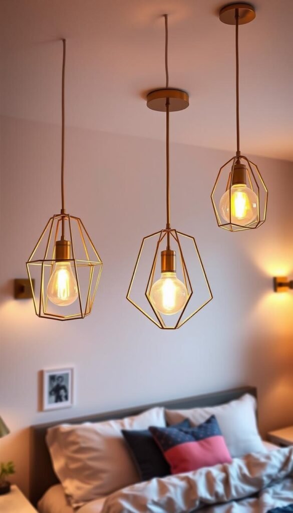 A cozy teen bedroom bathed in soft, ambient lighting from trendy pendant fixtures. The overhead lamps feature sleek, geometric metal frames in muted gold tones, complemented by delicate glass or fabric shades that diffuse the light for a warm, inviting glow. Strategically placed sconces on the walls cast a gentle, lateral illumination, highlighting artful wall hangings or a statement headboard. The overall lighting scheme creates a stylish, youthful atmosphere perfect for homework, relaxation, or hosting friends.