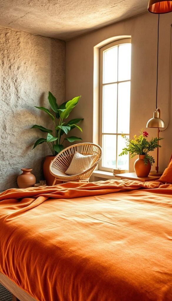 A cozy, textured bedroom with warm lighting and a blend of natural materials. In the foreground, a plush velvet bedspread in a rich earthly tone cascades over the edge of a solid wood platform bed frame. Midground showcases a woven rattan armchair and a rustic wooden side table with a terracotta vase and lush greenery. The background features a textured stone or concrete wall with a large window that lets in soft, diffused light, casting a gentle glow throughout the space. Subtle metallic accents, like a brass reading lamp and a copper pendant light, add depth and visual interest. An overall serene, organic atmosphere that evokes a sense of comfort and tranquility.