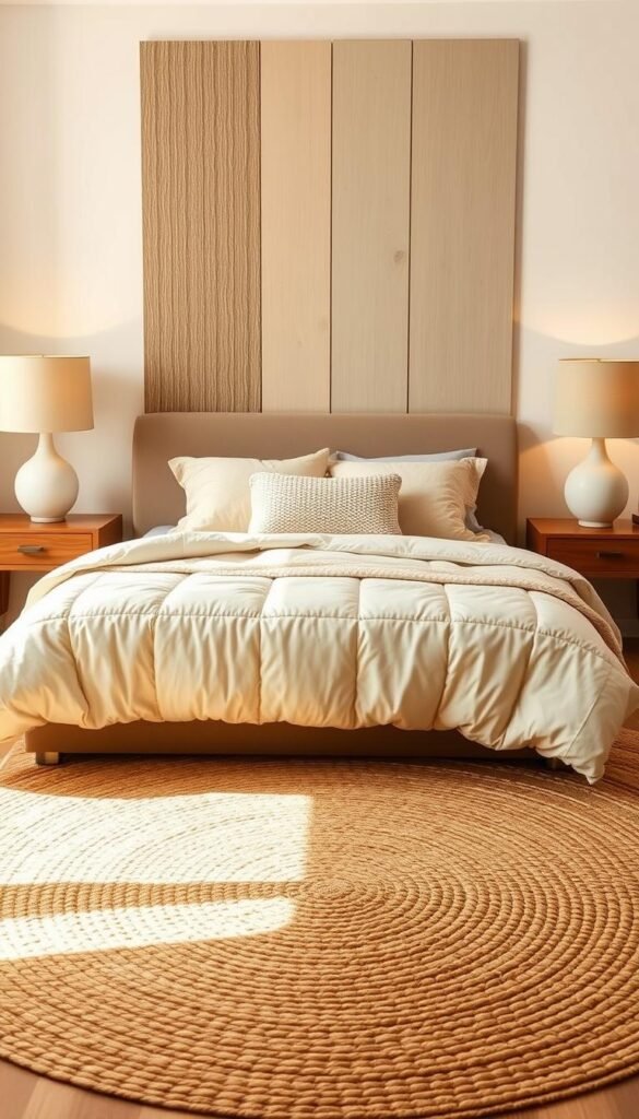 A cozy, textured neutral bedroom bathed in warm, soft lighting. In the foreground, a plush, quilted comforter in a muted ivory hue adorns a low-profile bed frame. Layered atop the bedding, a knit throw pillow and a linen lumbar cushion create a inviting, layered look. In the middle ground, a woven jute area rug grounds the space, its natural fibers adding warmth and dimension. Flanking the bed, two sleek, wooden nightstands hold ceramic table lamps with linen shades, casting a gentle glow. In the background, a neutral-toned accent wall features vertical stripes of varying textures, adding depth and visual interest. Overall, the scene conveys a sense of relaxation and comfort, with textural elements working in harmony to create a cozy, soothing ambiance.