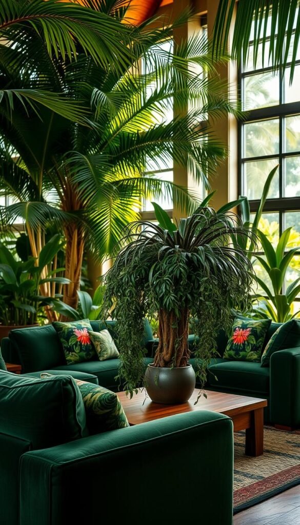 A cozy tropical living room filled with lush, verdant greenery. In the foreground, a plush, overstuffed sofa and armchair in a deep forest green hue, accented with vibrant botanical throw pillows. Mid-ground features a low, wooden coffee table topped with a sprawling potted plant, its long, cascading vines adding a sense of natural abundance. The background showcases tall, leafy palm trees, casting a warm, dappled light through large windows. The overall scene has a calming, tranquil atmosphere, evoking a serene oasis amidst the tropics.
