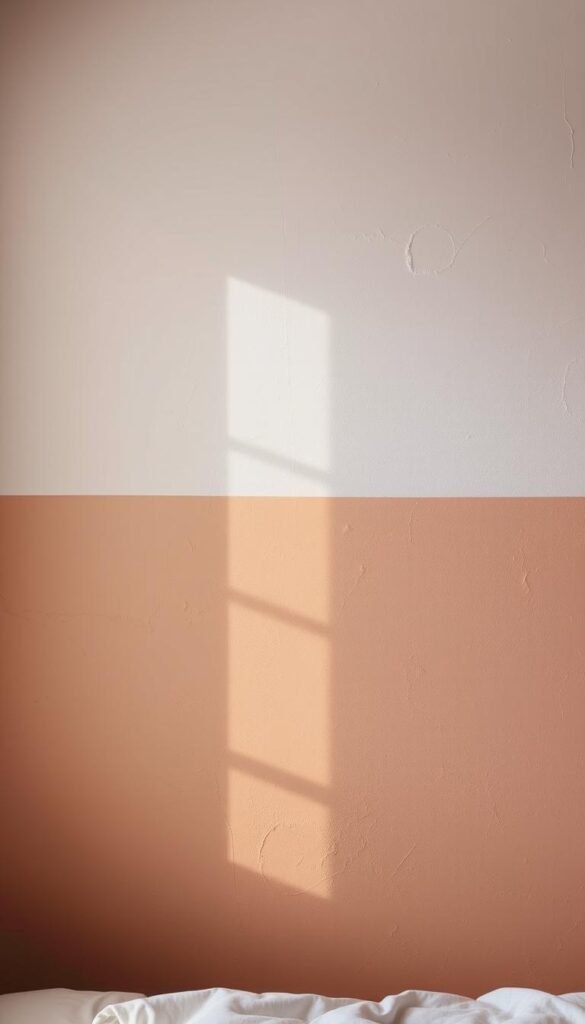 A cozy, two-tone textured bedroom wall in soft, muted tones. The foreground features a gentle, brushstroke-like pattern in a warm, earthy hue, creating a soothing, tactile surface. The middle ground showcases a subtly contrasting color in a lightly distressed, almost weathered finish, adding depth and visual interest. The background maintains a balanced, neutral tone, allowing the textural elements to take center stage. The overall lighting is natural and diffused, casting a gentle glow and highlighting the nuanced details of the wall's surface. The resulting image exudes a sense of tranquility and elegance, perfectly capturing the magic of two-tone and textured paint techniques in a bedroom setting.