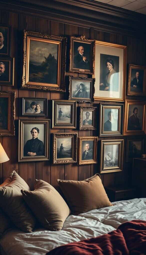 A cozy vintage art gallery wall, with ornate gold frames holding a curated collection of oil paintings, lithographs, and sepia-toned photographs. The room is bathed in warm, soft lighting, creating a inviting, lived-in ambiance. The frames are arranged in an asymmetric, gallery-style layout, adding visual interest. Aged wood paneling and plush textiles in earthy tones form the backdrop, complementing the vintage aesthetic. This personalized display of timeless artworks exudes a sense of history and character, perfectly suited for a serene, old-world inspired bedroom.