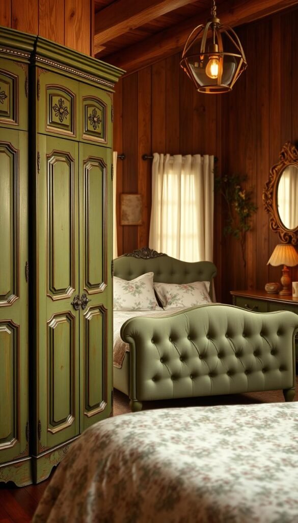 A cozy vintage bedroom with a warm, inviting atmosphere. In the foreground, a set of solid green wood cabinets with distressed, aged accents stand as the focal point. Ornate brass hardware and subtle floral patterns add a touch of antique charm. The middle ground features a plush, tufted upholstered bed frame in a complementary sage green hue, topped with soft, floral bedding. Ambient lighting filters through sheer, cream-colored curtains, casting a gentle glow throughout the space. In the background, a rustic wood-paneled wall provides a natural, earthy backdrop, accentuated by botanical wall decor and a vintage mirror in a weathered gold frame.