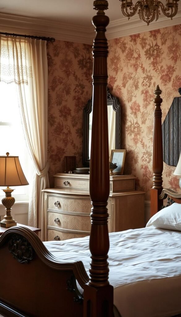 A cozy vintage bedroom with warm, muted tones. In the foreground, a wooden four-poster bed with intricate carved details is dressed in soft, linen bedding. On the nightstands, antique lamps with aged brass accents cast a gentle glow. In the middle ground, a distressed dresser holds vintage trinkets and framed photographs. The walls are adorned with floral wallpaper in earthy hues, complemented by a large, ornate mirror. Sheer, lace curtains frame the window, letting in soft, diffused natural light. The overall atmosphere is one of timeless elegance and comfort, evoking a sense of nostalgia and tranquility. A cozy vintage bedroom with warm, muted tones. In the foreground, a wooden four-poster bed with intricate carved details is dressed in soft, linen bedding. On the nightstands, antique lamps with aged brass accents cast a gentle glow. In the middle ground, a distressed dresser holds vintage trinkets and framed photographs. The walls are adorned with floral wallpaper in earthy hues, complemented by a large, ornate mirror. Sheer, lace curtains frame the window, letting in soft, diffused natural light. The overall atmosphere is one of timeless elegance and comfort, evoking a sense of nostalgia and tranquility.