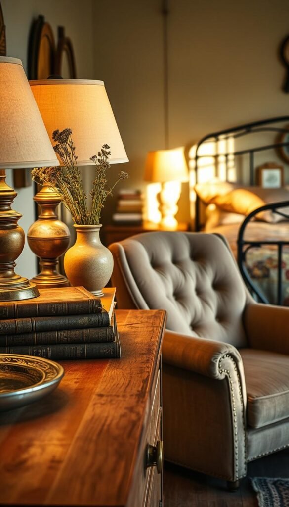 A cozy vintage-inspired bedroom, bathed in soft, golden light from a pair of antique table lamps. In the foreground, a weathered dresser showcases a curated collection of thrifted treasures - a stack of leather-bound books, a ceramic vase with fresh wildflowers, and a tarnished silver tray. The middle ground features a plush, tufted armchair, its fabric faded and distressed, inviting one to sink in and get lost in a good book. In the background, a wrought-iron bed frame supports a lush, patchwork quilt, hinting at the room's farmhouse-inspired aesthetic. Textures and patinas abound, creating a warm, lived-in atmosphere that exudes character and personality.