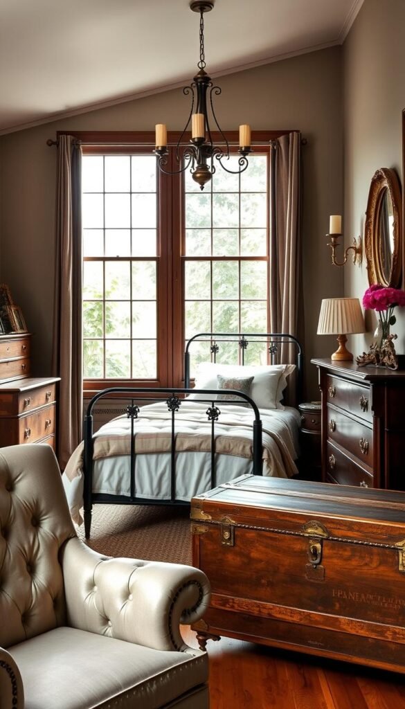 A cozy, vintage-inspired bedroom with a mix of antique and mid-century modern furniture. In the foreground, a plush tufted armchair and a worn leather trunk serve as accent pieces. In the middle ground, a rustic wooden dresser and nightstand with aged brass hardware flank a wrought-iron bed frame draped in soft, linen bedding. Hanging above the bed, an ornate, gilded mirror reflects warm, diffused lighting from a pair of brass wall sconces. In the background, a large window overlooks a lush, overgrown garden, casting natural light and a sense of timeless tranquility throughout the space.