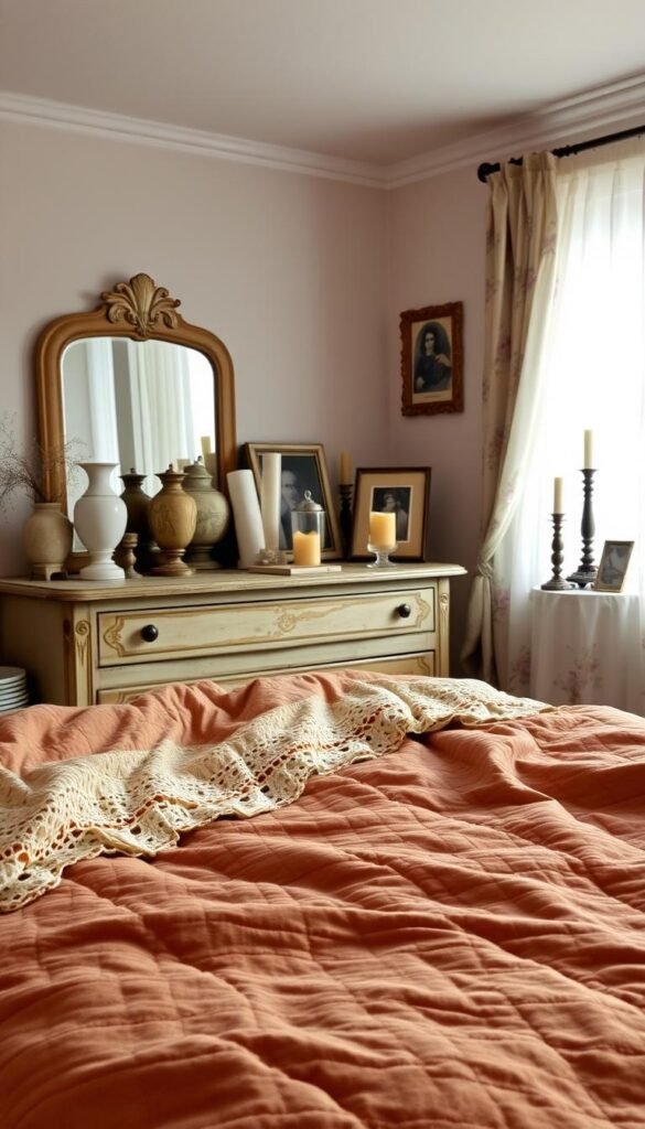 A cozy vintage-inspired bedroom with a soft, inviting ambiance. The foreground features a plush, patterned quilt in earthy tones, layered with delicate lace and crocheted accents. In the middle ground, a weathered wooden dresser displays an array of antique vases, candlesticks, and framed photos, casting a warm glow. The background showcases sheer curtains in a floral print, gently billowing in the soft light filtering through a large window. The overall scene exudes a sense of nostalgia and timeless charm, perfect for a serene and tranquil retreat.