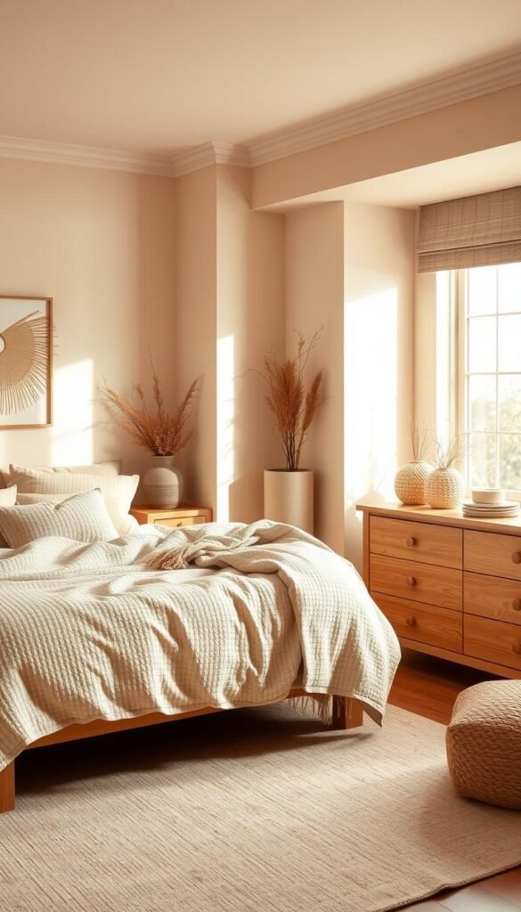A cozy, warm-toned bedroom with a harmonious tone-on-tone color scheme. Soft beige walls, plush textured linens in muted sandy hues, and light oak furniture create a serene, inviting ambiance. Gentle side lighting casts a soothing glow, while a large window allows natural daylight to filter in, adding depth and dimension to the space. Subtle pops of earthy accents, such as potted plants and natural fiber decor, complement the overall neutral palette. The composition emphasizes balance, creating a tranquil, timeless atmosphere perfect for relaxation.