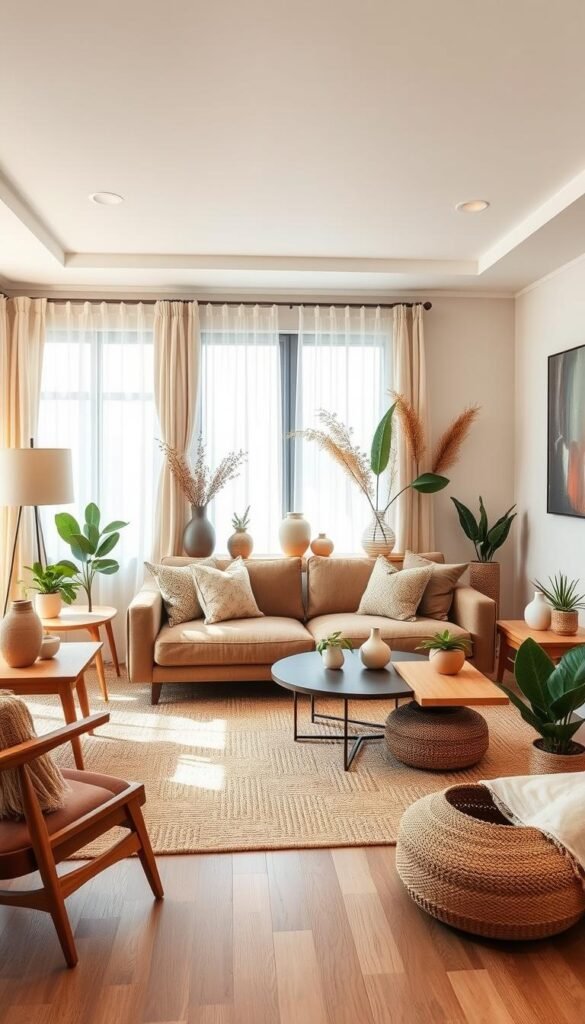 A cozy, warm-toned living room with a cohesive, earthy modern design. The focal point is a large, plush sofa in a rich, neutral fabric, flanked by mid-century modern end tables with natural wood tops. A woven area rug in an abstract pattern grounds the space. The lighting is a combination of a statement floor lamp with a linen shade and recessed ceiling lights, creating a soft, ambient glow. Framing the windows are sheer, flowing curtains that let in natural light. Scattered throughout are decorative elements like ceramic vases, woven baskets, and potted plants, all in muted, organic hues. The overall atmosphere is one of understated sophistication and a harmonious blend of natural textures and tones.