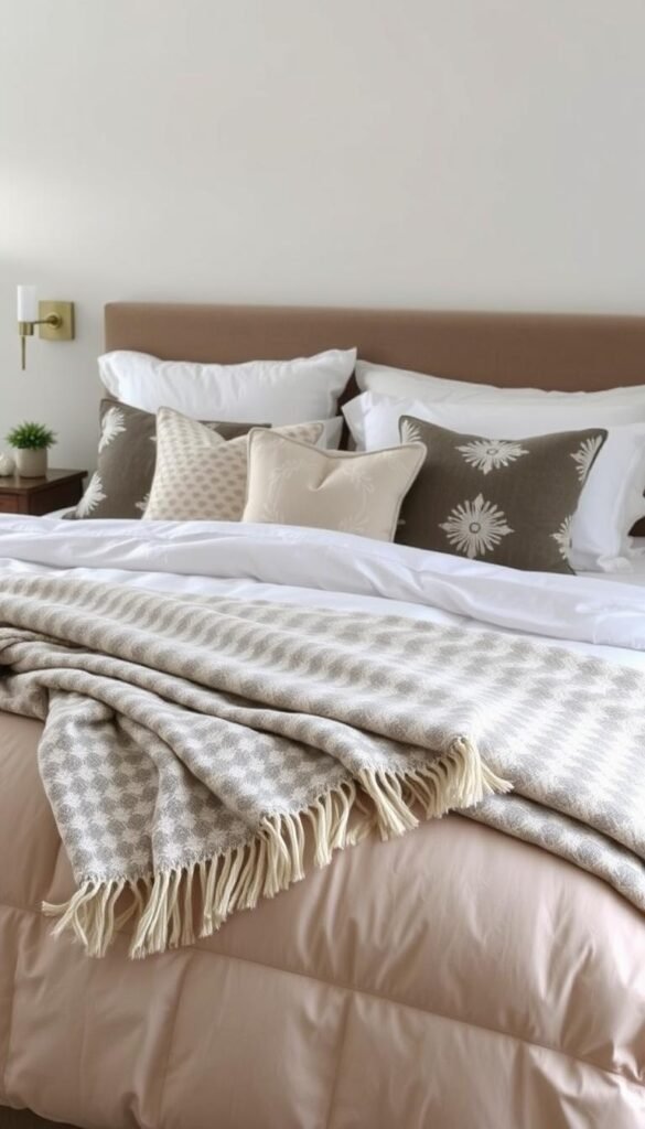 A cozy, well-appointed bedroom with a designer layered bedding style. In the foreground, a plush, oversized comforter in a neutral tone, topped with a patterned throw blanket in shades of ivory and grey. Decorative pillows in various textures and prints add visual interest. The middle ground features high-quality bed linens, including a crisp white sheet set and a fluffy down duvet. The background showcases a minimalist, Scandinavian-inspired headboard, complemented by soft, diffused lighting from a pair of sconces. The overall atmosphere is one of effortless elegance, inviting relaxation and a good night's sleep.
