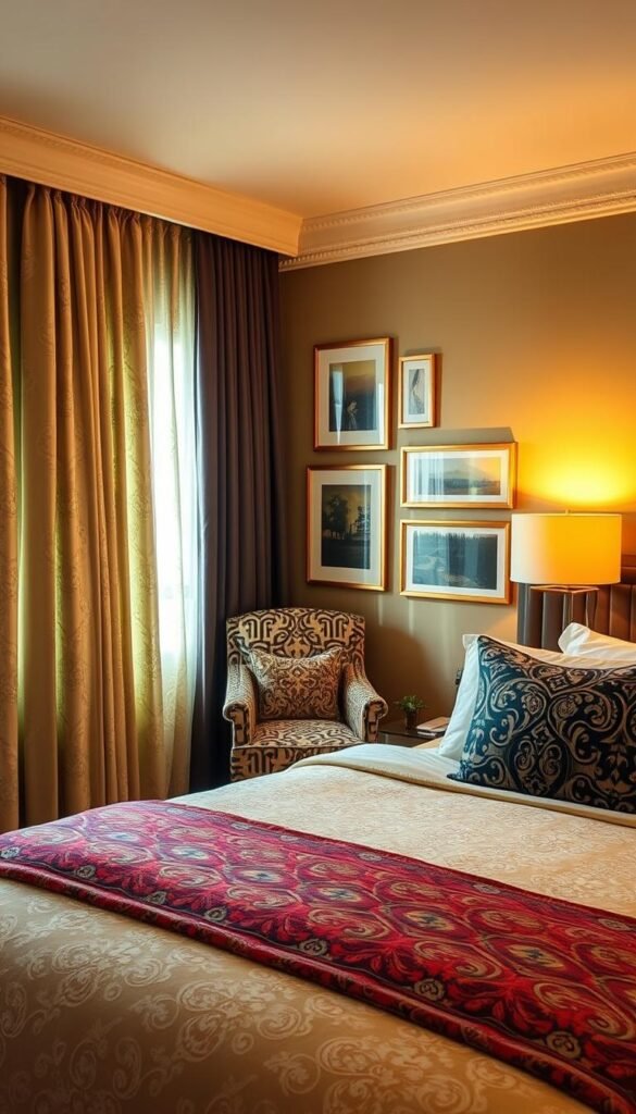 A cozy, well-appointed bedroom with a harmonious blend of bold, contrasting patterns. In the foreground, a plush king-size bed is adorned with a vibrant paisley duvet and a mix of patterned throw pillows in complementary hues. Framing the bed, elegant floor-to-ceiling curtains with a subtle damask motif gently billow in the soft, natural lighting. The mid-ground showcases a stylish accent chair upholstered in a striking geometric fabric, positioned next to a sleek, modern side table. In the background, a feature wall showcases an artful arrangement of framed abstract prints, creating visual interest and depth. Warm, golden lighting casts a inviting glow, evoking a sense of relaxation and comfort.