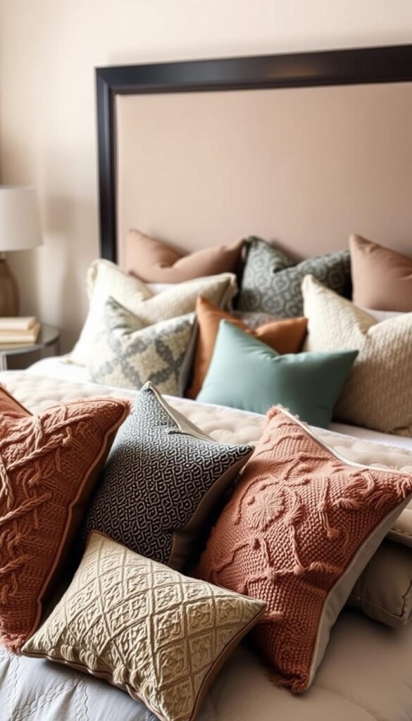 A cozy, well-appointed bedroom with a layered bedding arrangement showcasing various pillow placement techniques. In the foreground, a neatly arranged collection of plush pillows in an array of complementary textures, patterns, and sizes, creating a visually striking and inviting display. In the middle ground, additional pillows are strategically positioned to add depth and dimension, while the background features a neutral-toned headboard and wall, allowing the pillows to take center stage. The lighting is soft and diffused, casting a warm, intimate glow over the scene, and the camera angle is slightly elevated to capture the full arrangement. The overall mood is one of comfort, sophistication, and an attention to detail that elevates the bedroom's cozy ambiance.