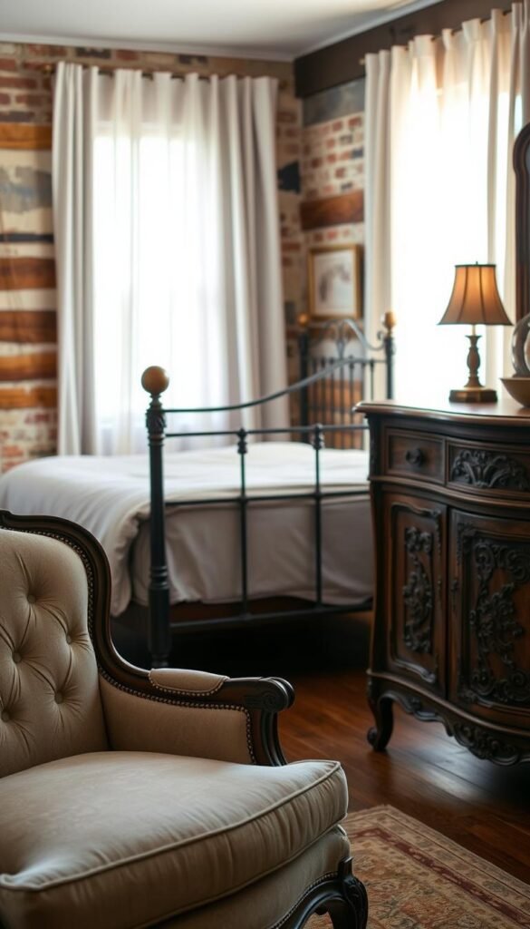 A cozy, well-appointed vintage bedroom with a focal point of timeless, refined furniture. In the foreground, a plush, antique-inspired armchair and a carved wooden dresser with intricate detailing. In the middle ground, a distressed metal bed frame with vintage-style linens. The background features warm, muted tones, with hints of exposed brick wall and wood accents, creating a cohesive, inviting atmosphere. Soft, natural lighting filters through sheer curtains, casting a gentle glow over the space. The overall aesthetic evokes a sense of timeless elegance and a nod to the past, perfectly suited for a restful, charming vintage-inspired bedroom.